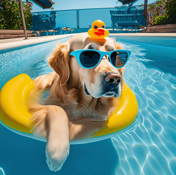 A golden retriever floating in a pool with a rubber duck on its head.
